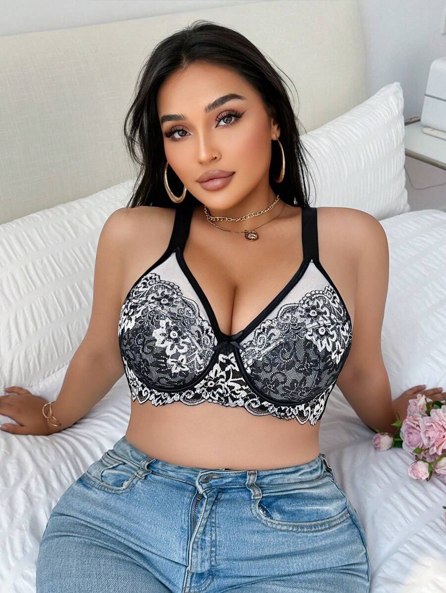 SHEIN 1 pieza Sujetador lencero con encaje y aros para tallas grandes - Negro - Ver 1