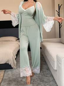 DAZY 3pcs/Set Color Blocking Lace Patchwork Women Sleepwear Pajama Set: Robe, Camisole Top And Pants, Fall Winter Clothes - Green - View 3