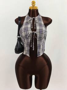 Amplova Women's Sheer Plaid Mesh Bowknot Strap Camisole Top - Multicolor - View 6