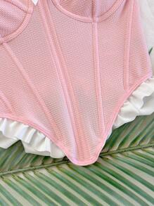 Soleia Women's Pink Textured Knit Jacquard Ruffle Trim Bustier Corset Top, Vacation Style