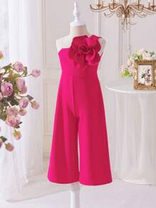 SHEIN Leap Crew 年轻女孩纯色单肩3D花朵修身休闲连体裤