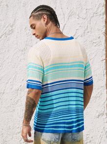 ROMWE MEN Casual Men's Round Neck Short Sleeve Ombre Palm Tree Print Knit Sweater, Vacation - Blue - View 5