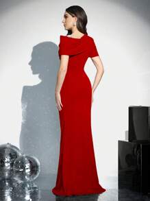 Coutiva 女式针织红色泡泡串珠短袖收腰修身正式鸡尾酒会礼服、派对礼服、长袍，适合晚会、婚礼宾客 - 紅色 - 查看 2