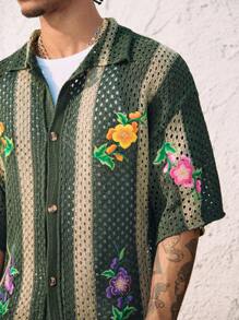 ROMWE MEN Suéter casual de punto de hombre con estampado floral y diseño calado de una sola hilera