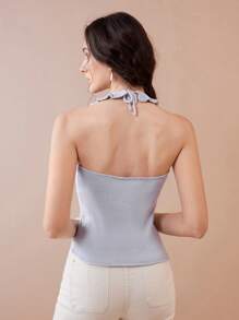 Chiquease Débardeur côtelé à col en U, à volants, dos nu, slim pour femmes. Polyvalent pour l'été - Bleu azur - Voir 3