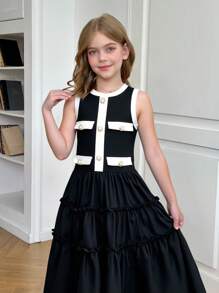 SHEIN Tween Girls Casual Round Neck Short Sleeve Bow Decor Straight Dress