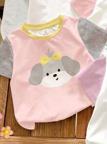 SHEIN 4 قطع فتاة رضيع مجموعة تشيرت كاجوال كم قصير بطبعات حيوانات جميلة، رقبة مستديرة، مناسب للربيع والصيف