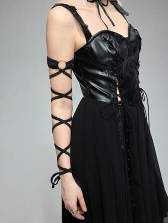 Goth 1pc Punk Style Strapped Bracelet, Extra Long Hollow Chain Bracelet, Fashionable Personalized Accessory