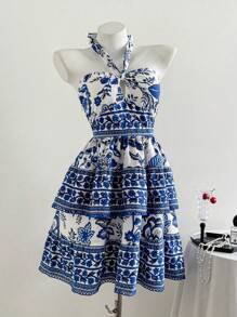 SHEIN Unity Đầm hở vai cổ yếm họa tiết hoa cổ điển mùa hè giản dị - Hồng - Xem 1