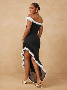 L'Amorae Women's Plus Size Elegant Wedding Off Shoulder With Ruffle Trim High Slit Maxi Dress - Black - View 2