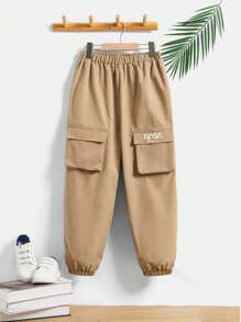 SHEIN Cậu bé Tween Giải trí Lá thư In Mẫu Lông cừu ấm áp Xà cạp Quần - Màu Khaki - Xem 3