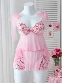 PetitDoll Bộ 2 mảnh ren thêu trái tim vòng tròn nơ chấm bi đồ lót gợi cảm đồ ngủ - Hồng - Xem 4