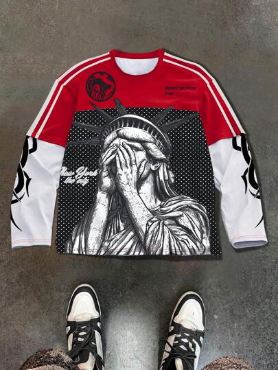 PAVTROS Manfinity Streetrush Men's Color Block Polka Dot Print 2 In 1 T-Shirt, Fall, Long Sleeve Top