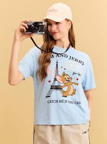 TOM & JERRY X SHEIN Letter & Cartoon Graphic Casual Round Neck Short Sleeve T-Shirt, Summer - Blue - View 1