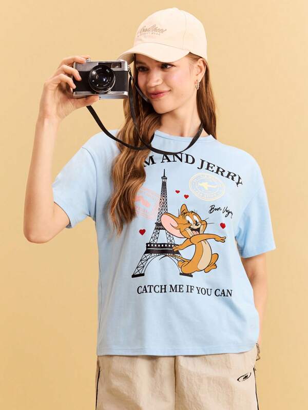 TOM & JERRY X SHEIN Letter & Cartoon Graphic Casual Round Neck Short Sleeve T-Shirt, Summer