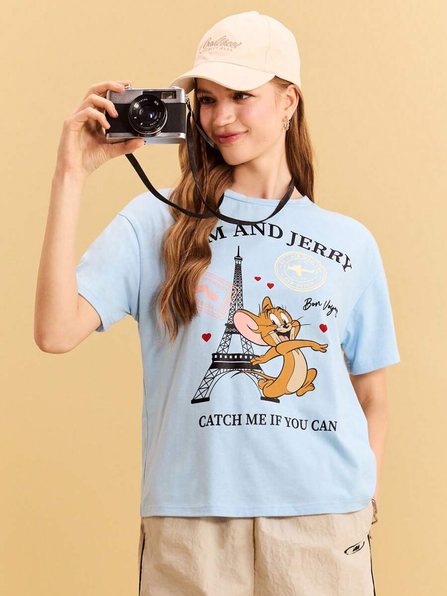 TOM & JERRY X SHEIN Letter & Cartoon Graphic Casual Round Neck Short Sleeve T-Shirt, Summer - Blue - View 1