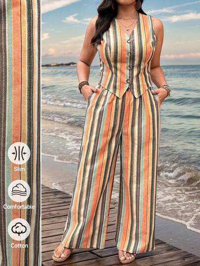 SHEIN LUNE Conjunto de pantalón y blusa sin mangas a rayas de talla grande para mujer, estilo casual, boho, de verano, para festivales, vacaciones de primavera, ropa de mujer en estilo bohemio, como regalo para el Día de la Madre
