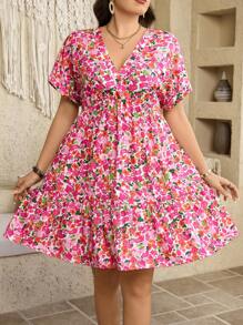 SHEIN LUNE Plus Size Women Vintage Ditsy Floral V-Neck Batwing Sleeve Casual Dress Vacation Outfits Woman Summer Outfits For Women Office Wear,Mini Dress, Vacation Style, Holiday Outfits,Boho/Bohemian,Elegant Daily Party Event,Women Boho/Bohemian Dress,Spring/Summer, Mother's Day Festival Dress,Flowy Dress Women Short Dresses Summer Women Summer Clothing Women Plus Sun Dress,Sun Dresses For Women