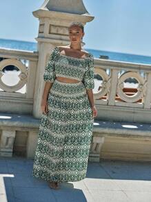 Maija 2pcs Plus Size Geometric Print Lantern Sleeve Shirt & Skirt Set, Vacation Casual Summer Women Vacation Beach Business Casual Woman Going Out Tops Boho Office Outfits Festival Outfits For Rave Hawaii - Multicolor - View 6