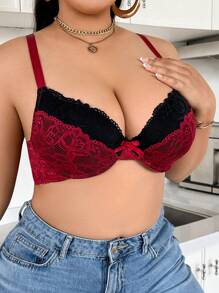 DesireSculpt Plus Size Contrast Color Lace Patchwork Bow Detail Bralette & Wire-Free Bra
