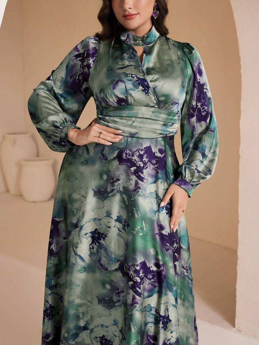 Veilorie Plus Size Women Tie-Dye Print Lantern Sleeve Waisted Elegant Dress - Multicolor - View 1