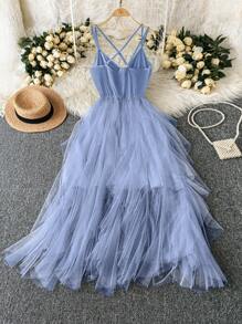 Rometta Romantic Date  Women's Plus Size Dusty Blue Summer Elegant Dress: Crisscross Cami Dress With Tiered Tulle