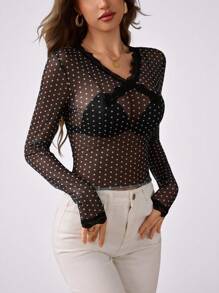 SHEIN Clasi Knitted Mesh Classic Polka Dot Pattern V-Neck Long Sleeve Fitted Ladies Blouse