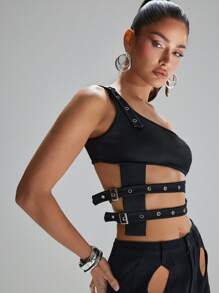 Denimoi 夏季，黑色潜水服单肩上衣，镂空铆钉，黑色上衣，后世界末日风格 - 黑色 - 查看 1