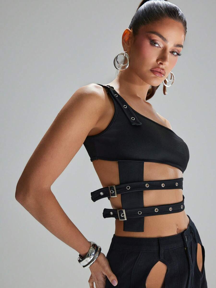 Denimoi 夏季，黑色潜水服单肩上衣，镂空铆钉，黑色上衣，后世界末日风格 - 黑色 - 查看 1