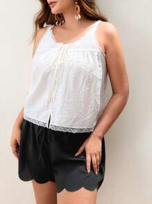 Maija Plus Size Women Solid Color Single-Breasted Contrast Lace Top Summer Women Vacation Beach Business Casual Woman Going Out Tops Boho Office Festival For Rave Hawaii - White - View 4