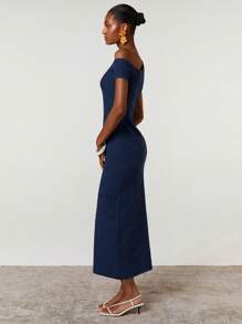 Athîral Women Casual Asymmetric Shoulder Solid Color Mini Bodycon Knit Dress, Summer - Navy Blue - View 4