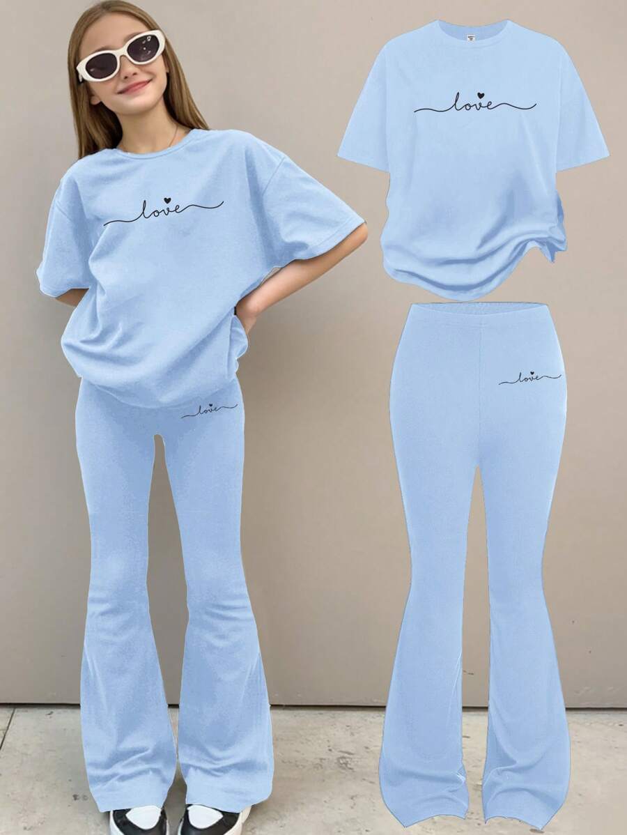 SHEIN Leap Crew 青少年女孩休闲简约长袖两件套，适合秋冬季 - 藍色 - 查看 1