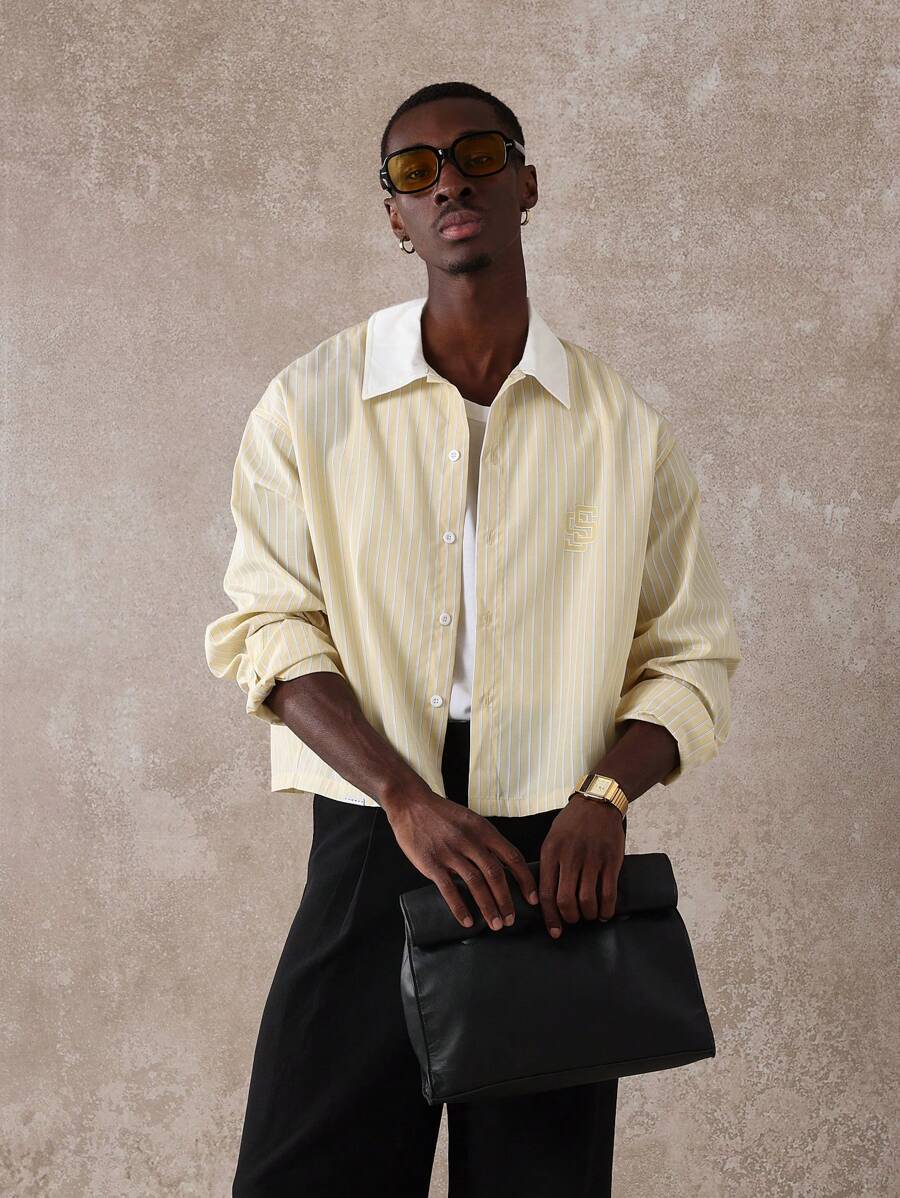 SUMWON Luxurious Striped Button Down Casual Shirt Classic Business Office Long Sleeve Spring Summer Smart Professional Collared Menswear - Yellow - View 1