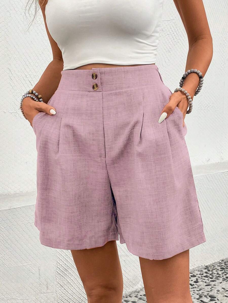 SHEIN LUNE Pantalones cortos casuales y holgados para mujer con diseño de botones lisos y bolsillos