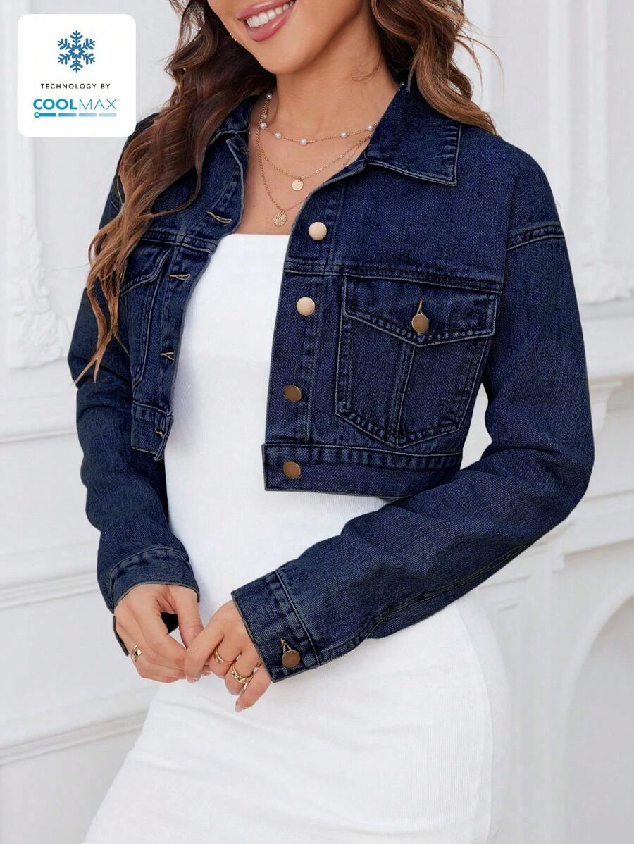 SHEIN ICON Casual Front Button Flap Pocket Short Denim Jacket - Dark Wash - View 1