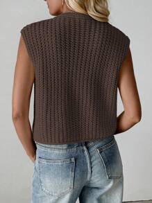 SHEIN LUNE New V-Neck Ribbed Sweater Cardigan Vest, Fashionable And Elegant Women Clothing - Coffee Brown - View 2