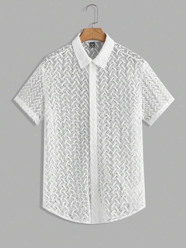Manfinity RelaxMax Camisa de manga corta de un solo botonadura, de unicolor y con diseño calado, para hombre, de verano