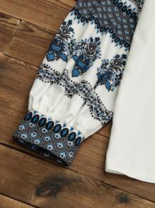 Lacomfia 休闲灯笼袖定位印花女式衬衫，春夏 - 藍色 - 查看 5