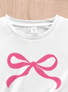 SHEIN 2pcs Tween Girls Casual Sleepwear Set - Loose Round Neck Short Sleeve Top & Pants, Pink Striped Bow Print - Multicolor - View 4