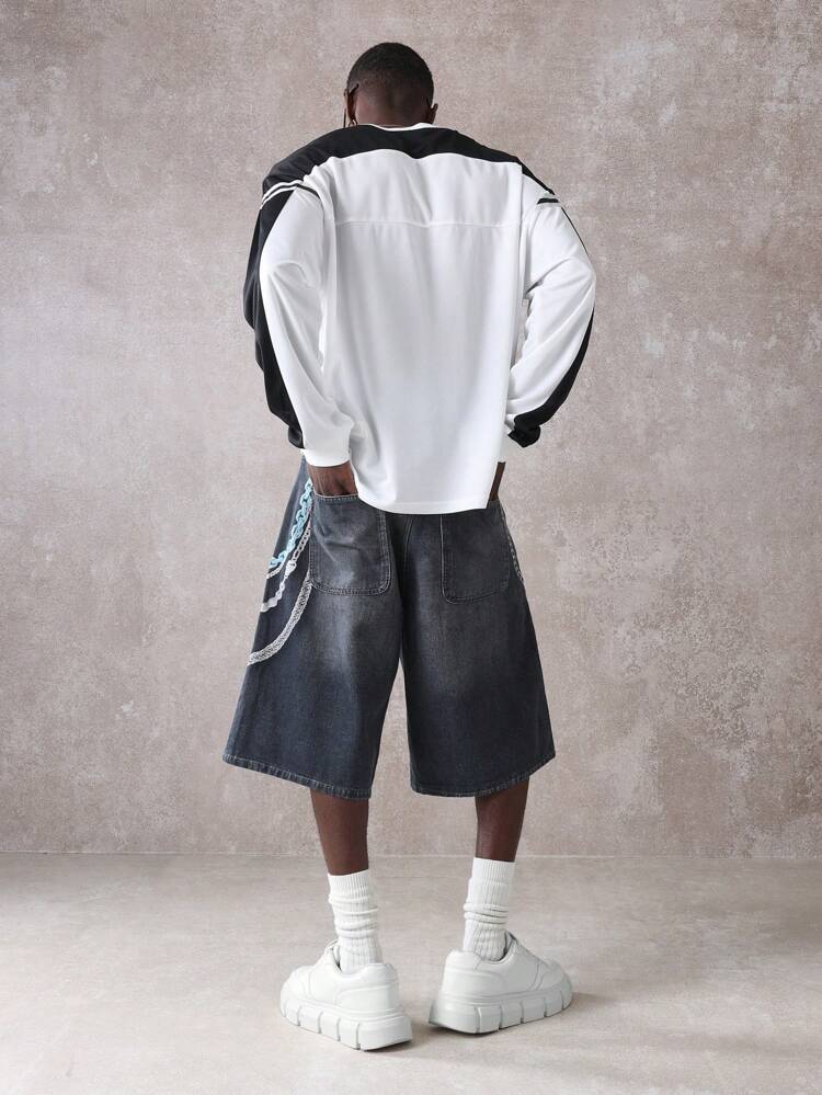 Wide Leg Baggy Denim Cargo Shorts With Chain