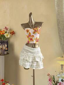 Attitoon Women's Casual Allover Floral Print Ruched Bust Form-Fitting Halter Camisole Top, Suitable For Summer - Baby Pink - View 3