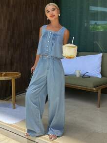 Livesso Women Denim Two Pieces Outfits - Light Wash - View 6