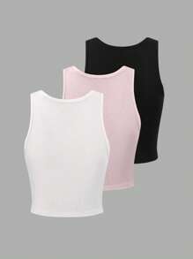 EMERY ROSE 3pcs Solid Color Crew Neck Slim Fit Casual Tank Tops, Summer - Multicolor - View 2