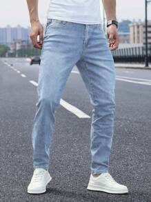 Manfinity Homme Men's Casual Washed Tapered Straight Leg Jeans Jeans For Men - Light Wash - View 6