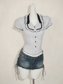 SHEIN ICON 复古甜美撞色蕾丝花边波尔卡圆点印花衬衫，百搭新风格