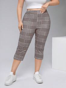 SHEIN Essnce 大码休闲格子开叉下摆紧身七分打底裤 - 咖啡棕 - 查看 2