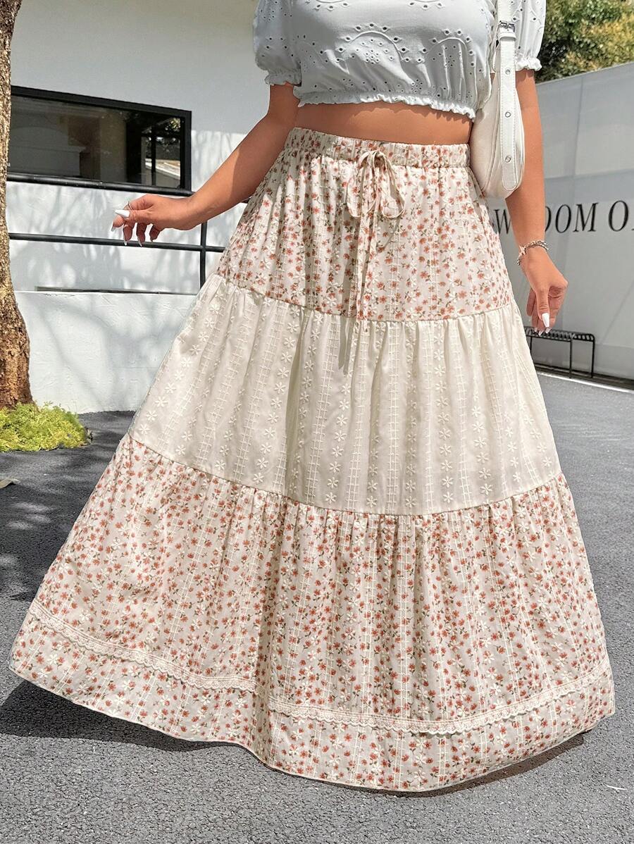 SHEIN EZwear Plus Size Summer Casual Bohemian Mini Ditsy Floral Patchwork Skirt - Multicolor - View 1