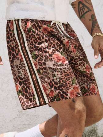 Street Life Pantalones cortos casuales holgados con cordón en la cintura con estampado de leopardo y flores para hombres
