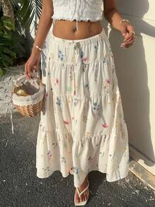 Muchica Falda casual con estampado floral, volantes y cordón en la cintura para vacaciones
