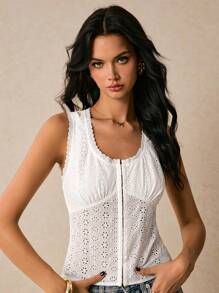 Poéselle Débardeur casual d'été sans manches avec broderie ajourée et fermeture devant pour femmes - Blanc - Voir 6